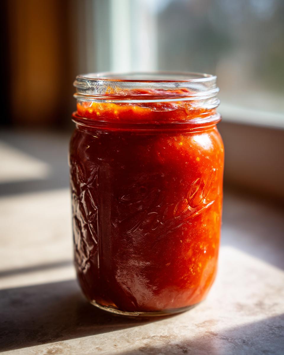 A jar of homemade canned tomato sauce, sealed and ready for storage.