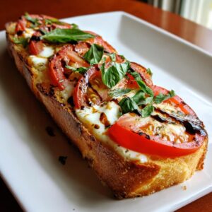 Close-up of Caprese garlic bread topped with tomatoes, mozzarella, basil, and balsamic glaze.