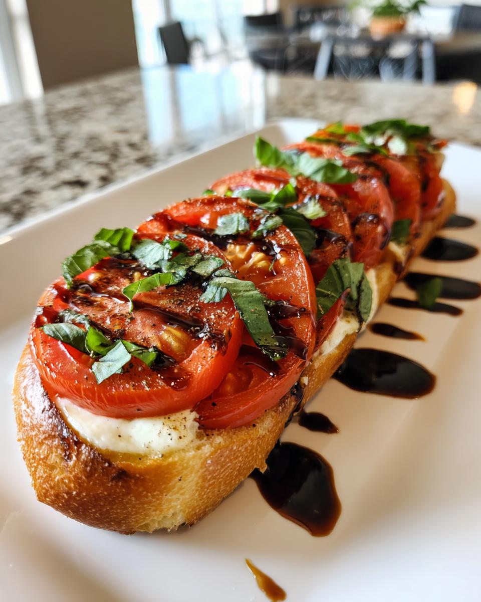 Delicious Caprese garlic bread topped with tomatoes, mozzarella, basil, and balsamic glaze.