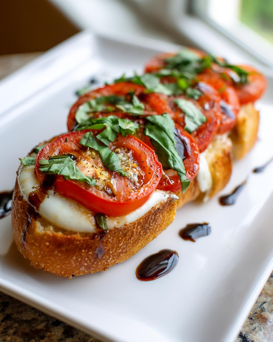 Close-up of Caprese garlic bread topped with tomatoes, mozzarella, basil, and balsamic glaze.