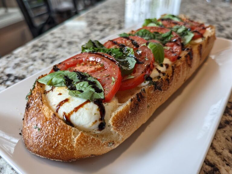 A loaf of Caprese garlic bread topped with mozzarella, tomatoes, basil, and balsamic glaze.