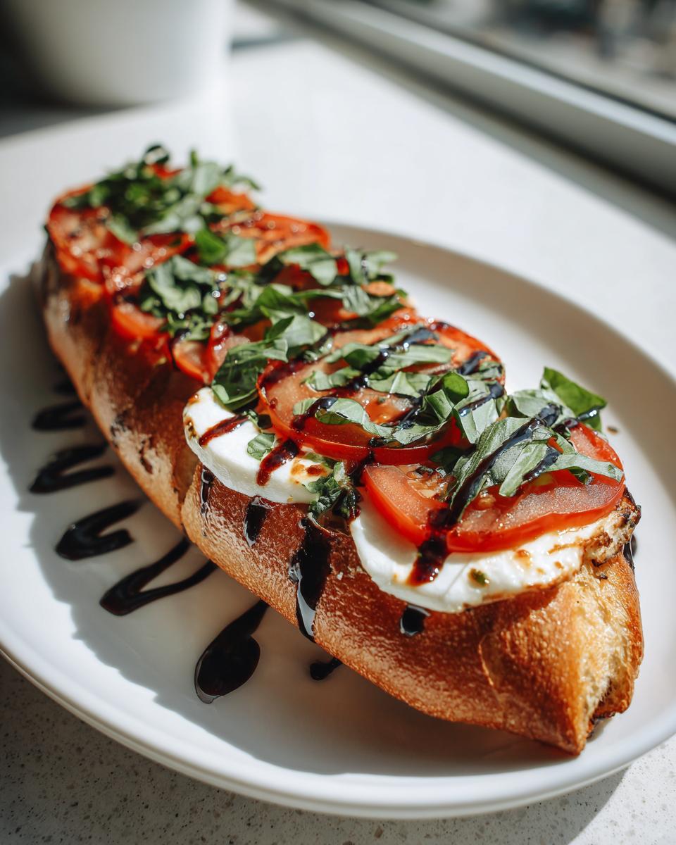 Overhead view of Caprese garlic bread on a white plate, topped with tomatoes, mozzarella, basil, and balsamic glaze.
