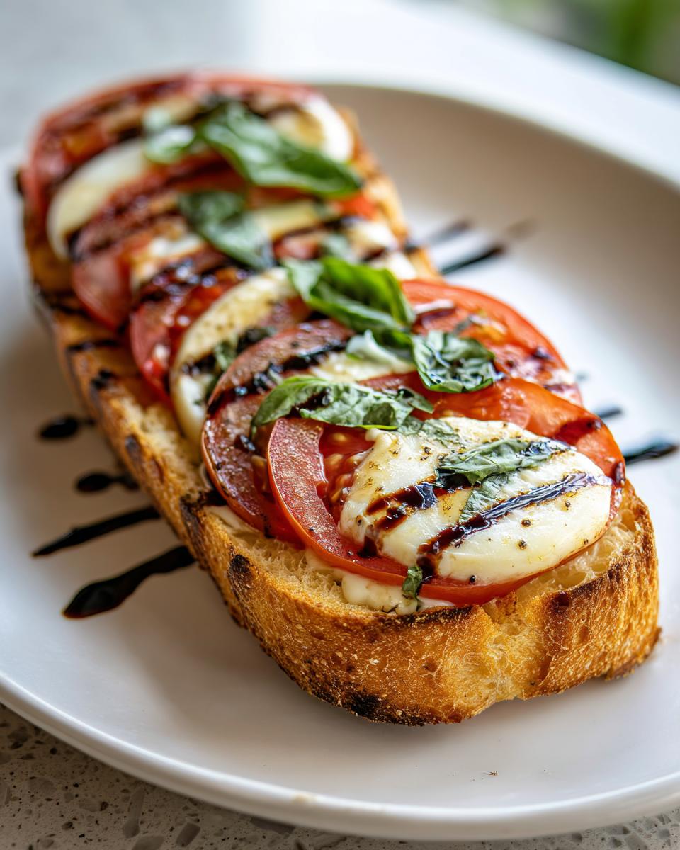 Close-up of Caprese garlic bread with tomatoes, mozzarella, basil, and balsamic glaze.
