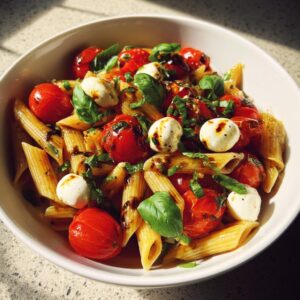 A bowl of Caprese pasta salad with penne, tomatoes, mozzarella, basil, and balsamic glaze.