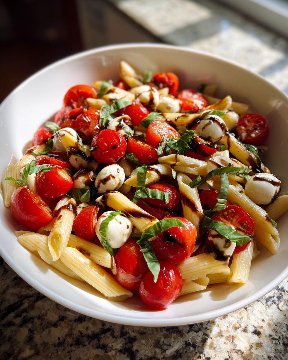 A vibrant bowl of Caprese pasta salad with ripe tomatoes, mozzarella, basil, and balsamic glaze.