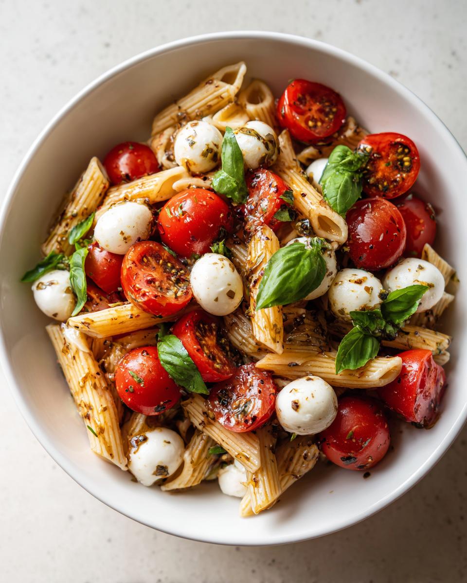 Overhead shot of Caprese pasta salad with penne, mozzarella balls, tomatoes, and basil in a white bowl.