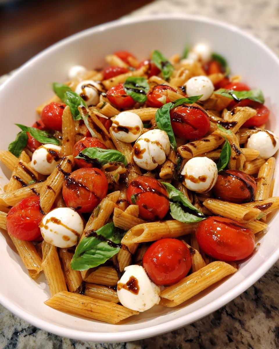 A vibrant bowl of Caprese pasta salad with penne, tomatoes, mozzarella, basil, and balsamic glaze.