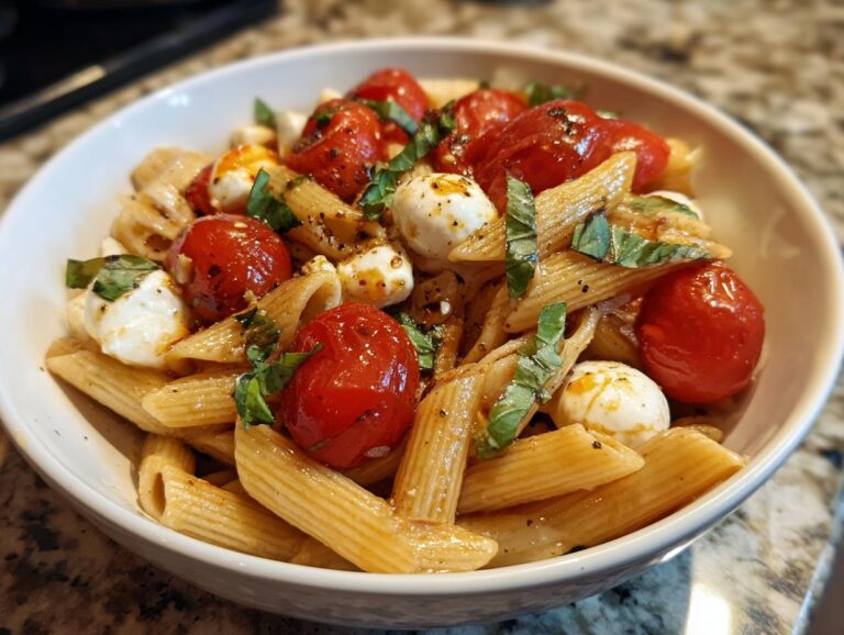 A bowl of Caprese pasta salad featuring penne pasta, cherry tomatoes, mozzarella balls, and fresh basil.