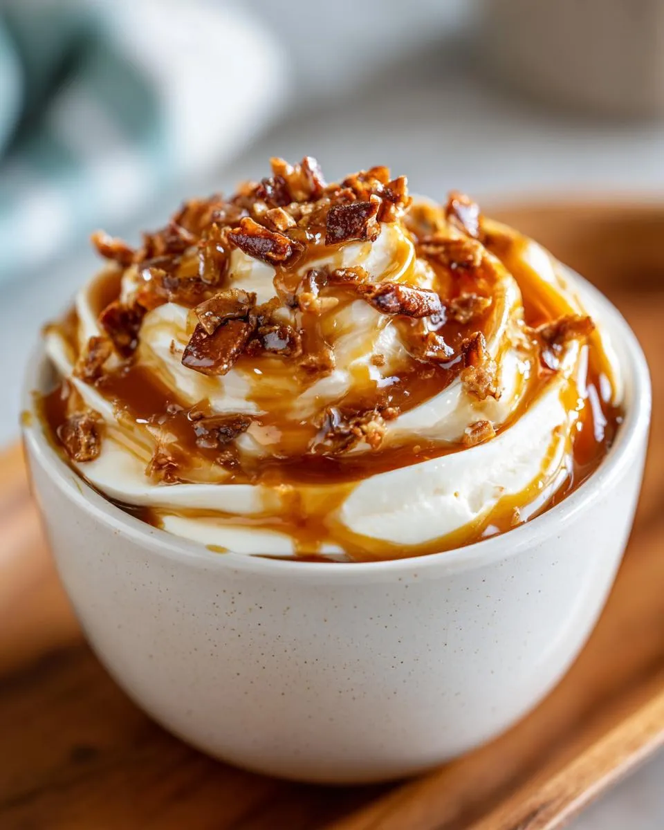 A bowl of creamy caramel apple dip, drizzled with caramel and topped with crunchy bits.