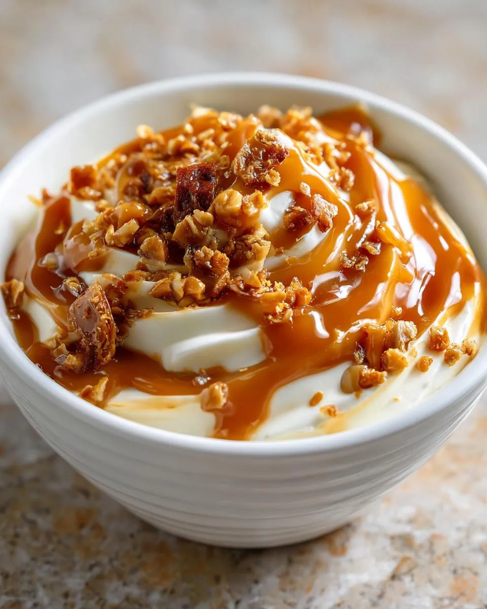 Close-up of a bowl of caramel apple dip, topped with caramel sauce and chopped nuts.
