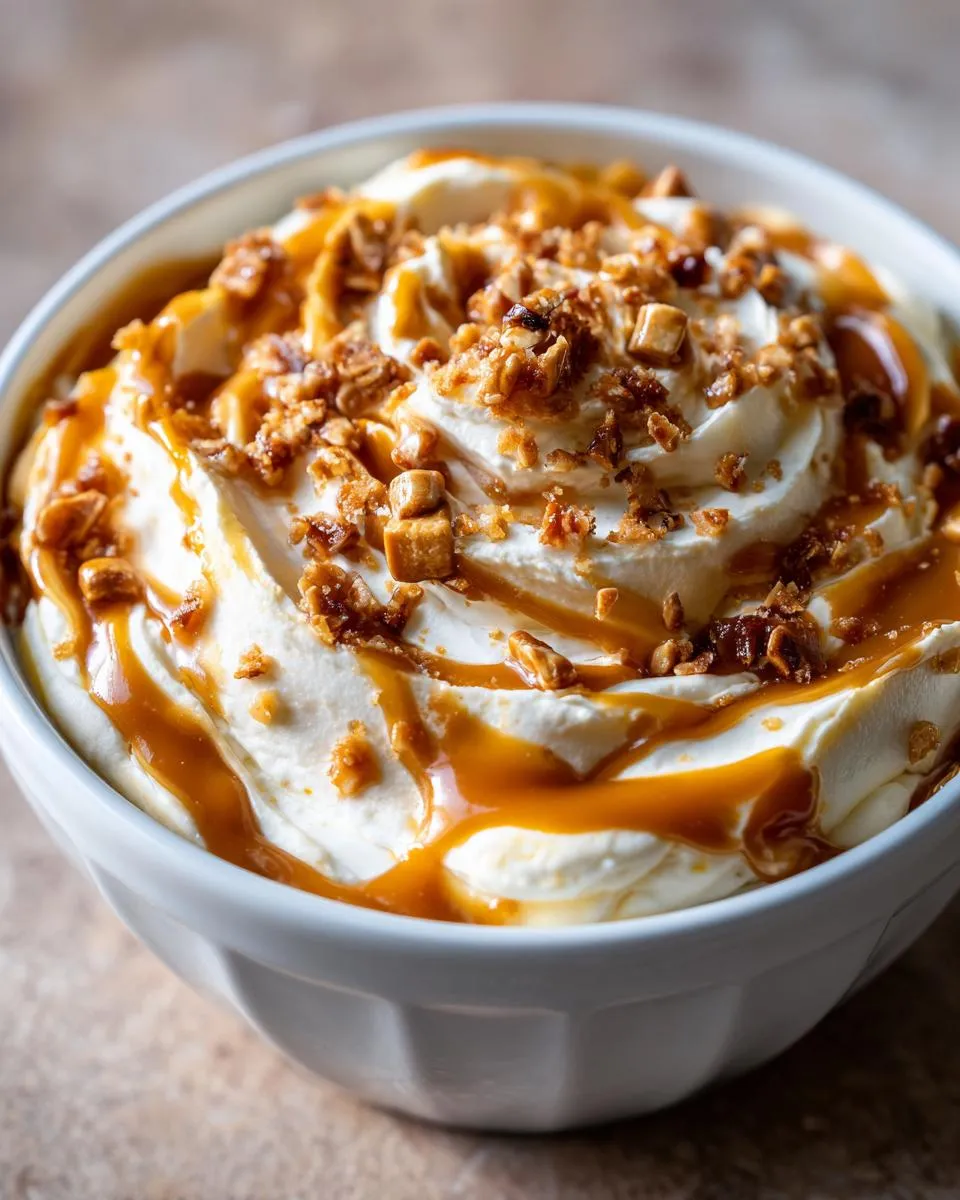 Close-up of a bowl filled with creamy caramel apple dip, drizzled with caramel and topped with toffee pieces.