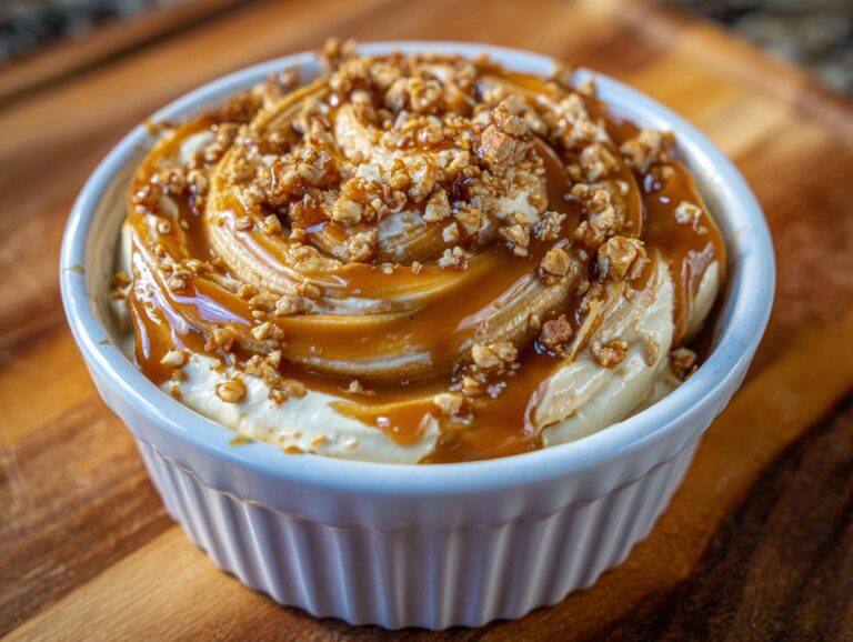 A bowl of creamy caramel apple dip, topped with caramel drizzle and chopped nuts.