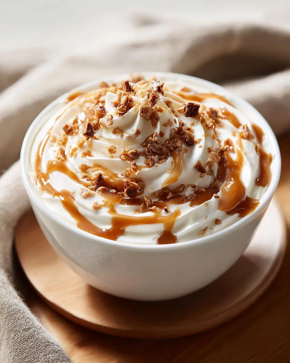 Bowl of caramel apple dip topped with whipped cream, caramel drizzle, and toffee bits.