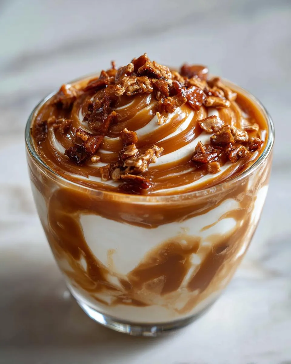 A glass filled with layers of caramel apple dip, topped with toffee bits and caramel swirls.