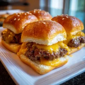 Close-up of cheeseburger sliders with melted cheese on a white plate. Perfect for a party!