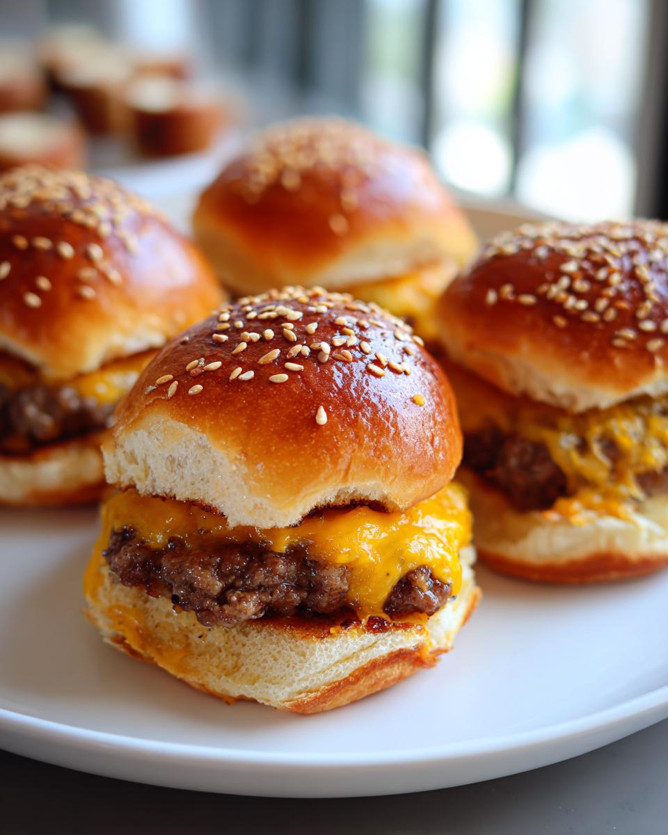 A plate of appetizing cheeseburger sliders with sesame seed buns and melted cheese.