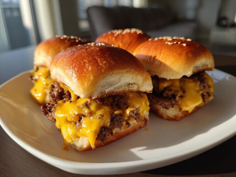 Four cheeseburger sliders with melted cheese on a white plate, ready to be served.