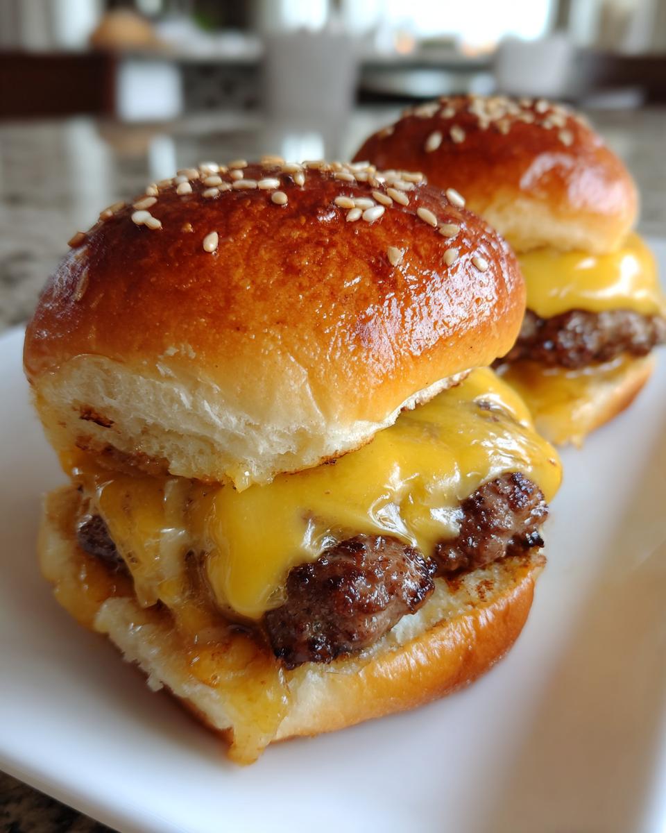 Two cheeseburger sliders stacked on a plate, featuring melted cheese and sesame seed buns.