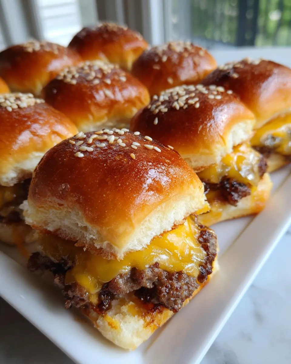 A tray of appetizing cheeseburger sliders with sesame seed buns and melted cheese.