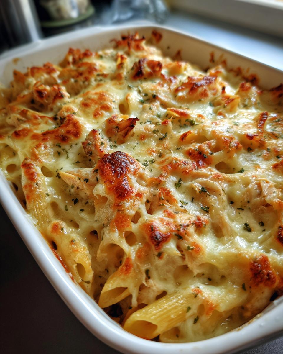 Overhead view of a freshly baked Chicken Alfredo bake with penne pasta and melted cheese in a white baking dish.
