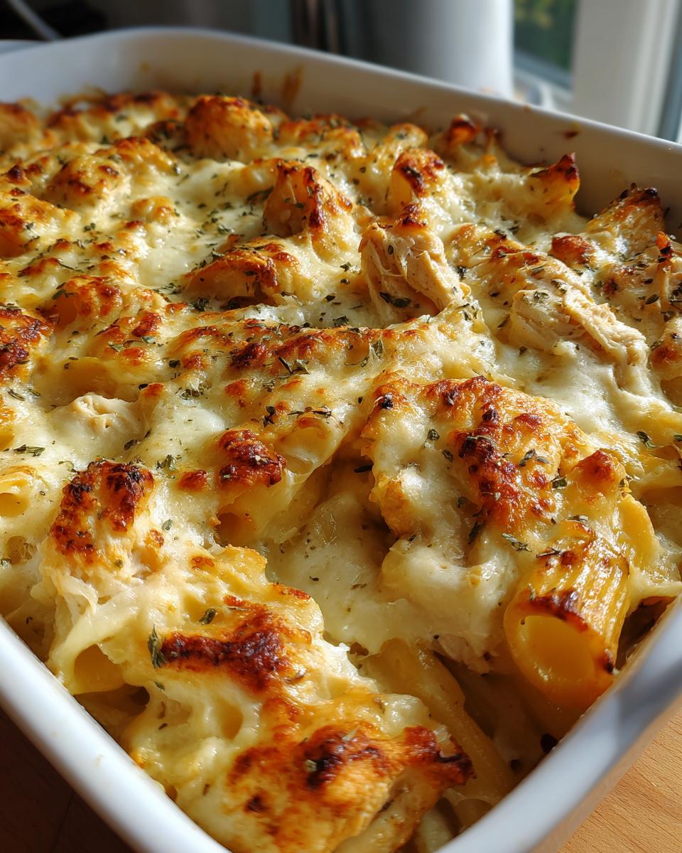 Close-up of a Chicken Alfredo bake in a white dish, topped with melted cheese and herbs.