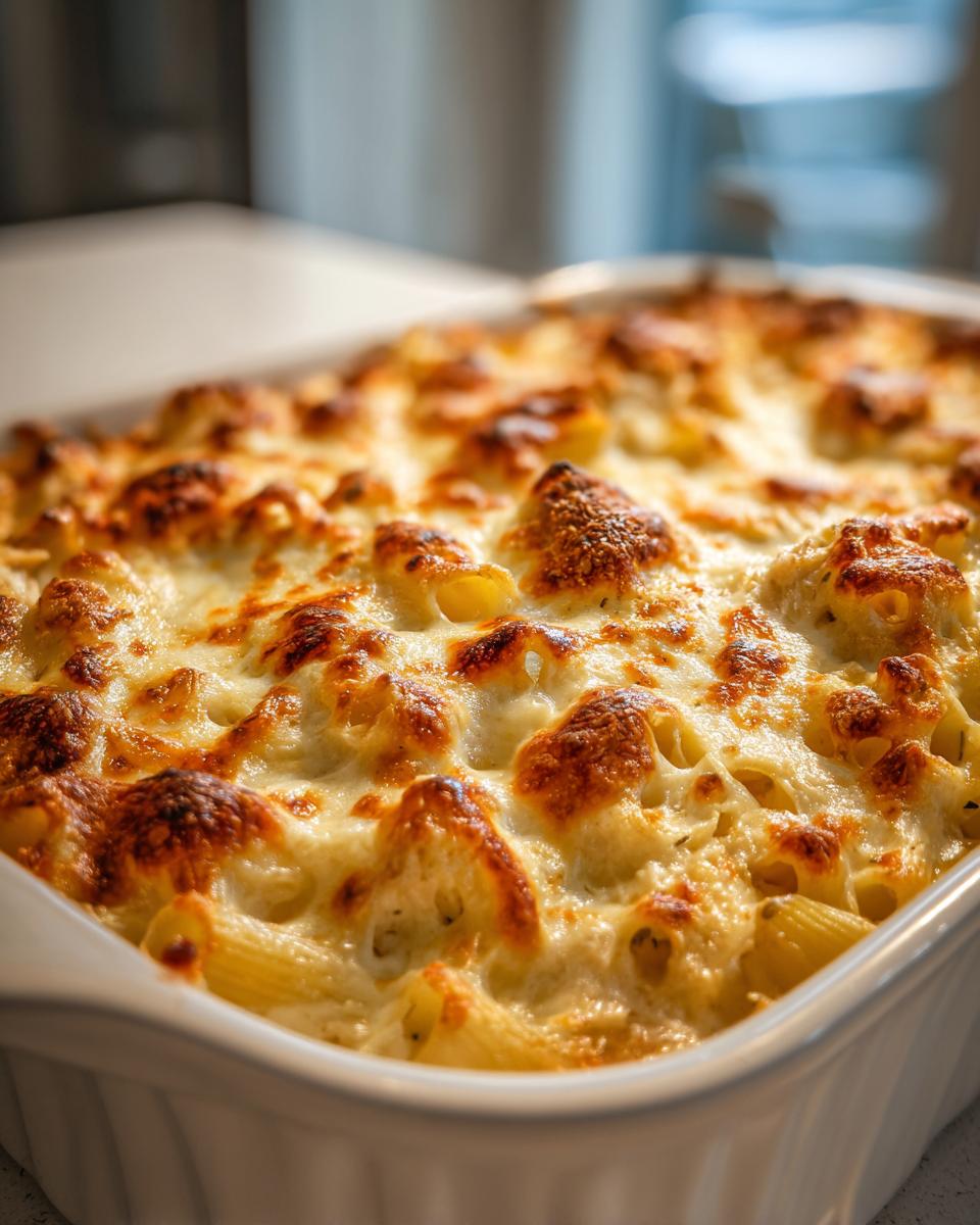 A delicious Chicken Alfredo bake with golden-brown cheese in a white baking dish.