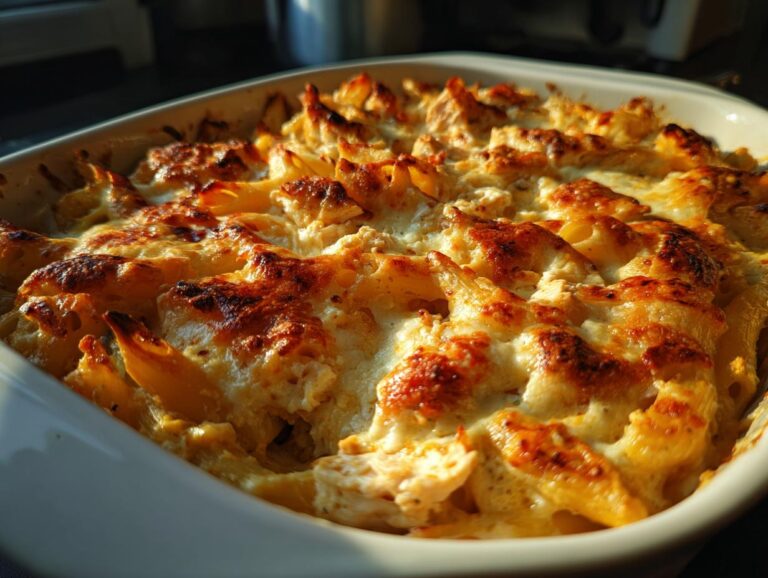A close-up of a creamy Chicken Alfredo bake with golden-brown pasta and cheese in a white baking dish.