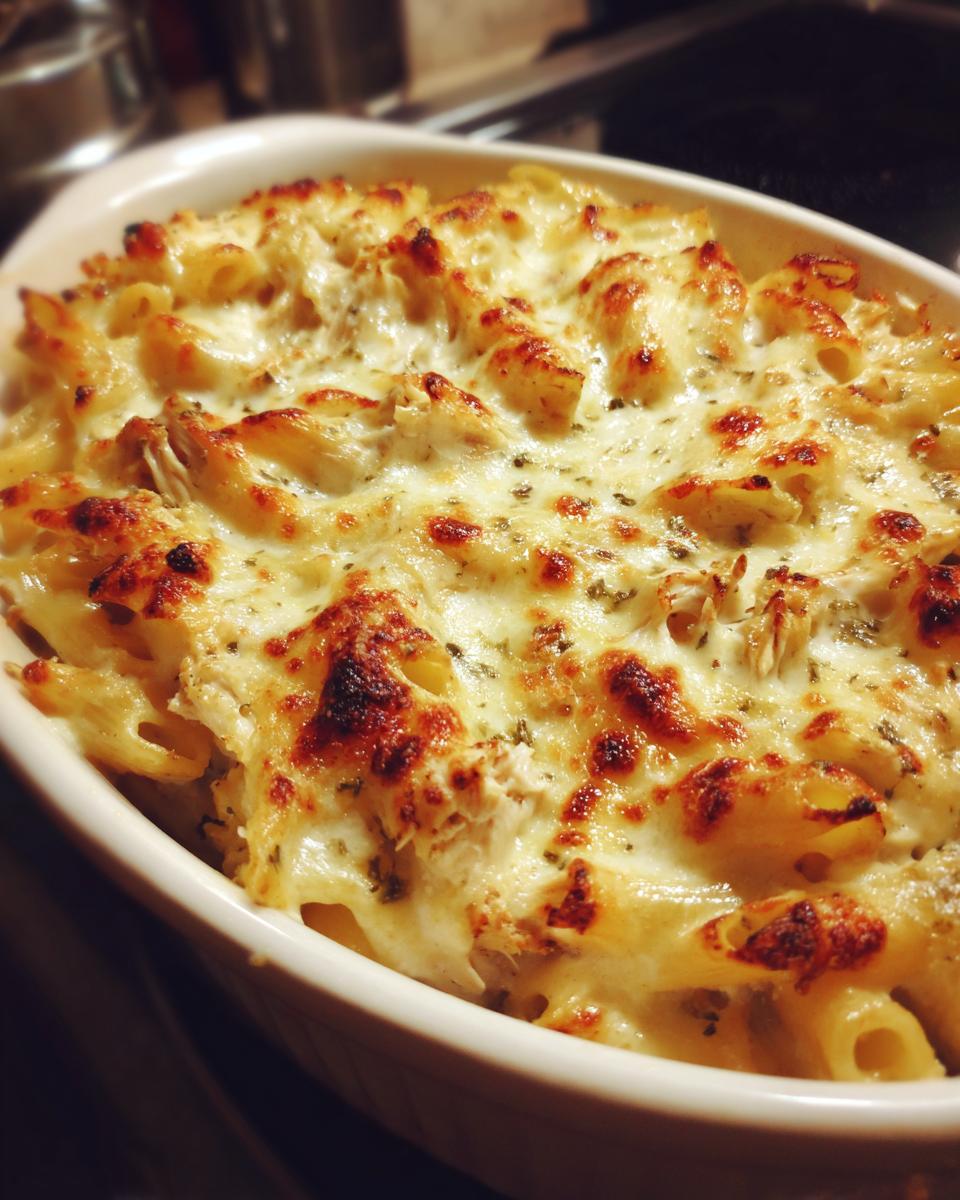 Delicious Chicken Alfredo bake with pasta, chicken, alfredo sauce, and melted cheese in a baking dish.