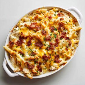 Overhead view of a creamy chicken bacon ranch casserole with pasta, cheese, and bacon in a white baking dish.