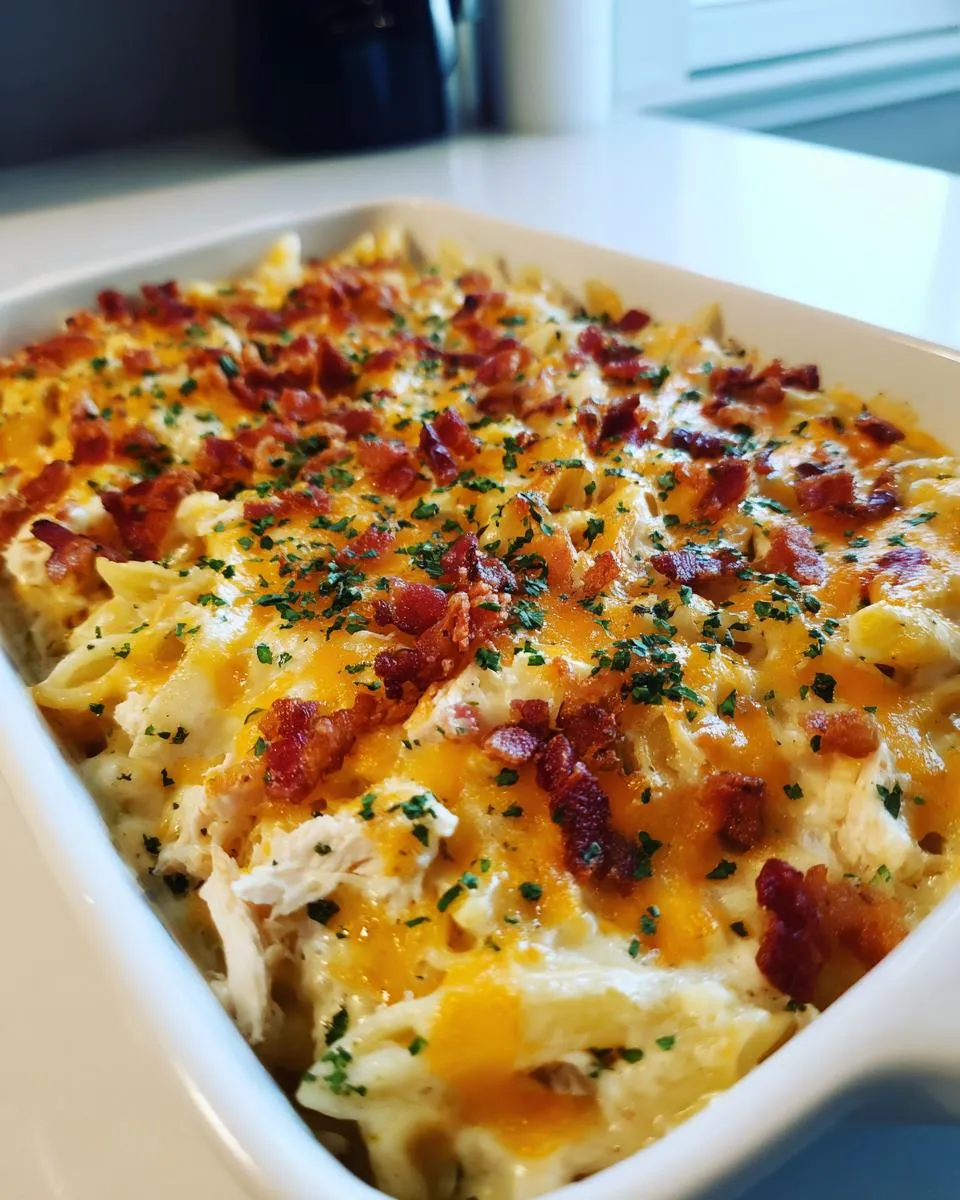 A freshly baked chicken bacon ranch casserole in a white baking dish, topped with melted cheese, bacon bits, and parsley.