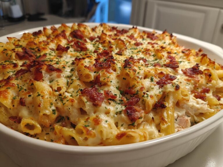 A delicious chicken bacon ranch casserole in a white baking dish, topped with melted cheese and crispy bacon.