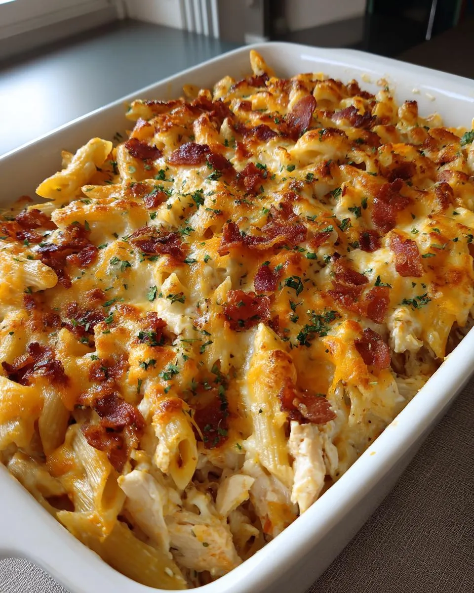 A freshly baked chicken bacon ranch casserole in a white baking dish, topped with melted cheese and crispy bacon.