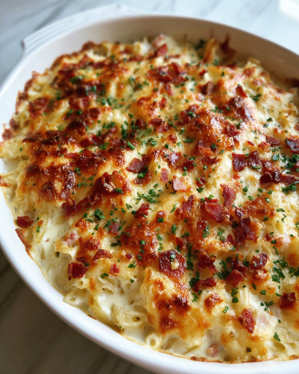 Overhead view of a creamy chicken bacon ranch casserole in a white baking dish, topped with crispy bacon and parsley.