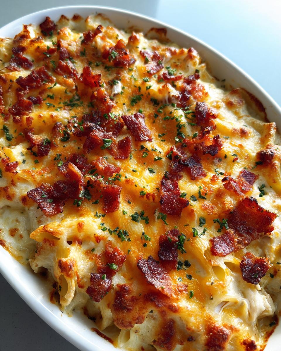 Overhead view of a cheesy chicken bacon ranch casserole in a white baking dish, topped with bacon and parsley.