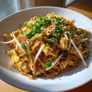 A plate of Chicken Pad Thai noodles with chicken, bean sprouts, peanuts, and green onions.