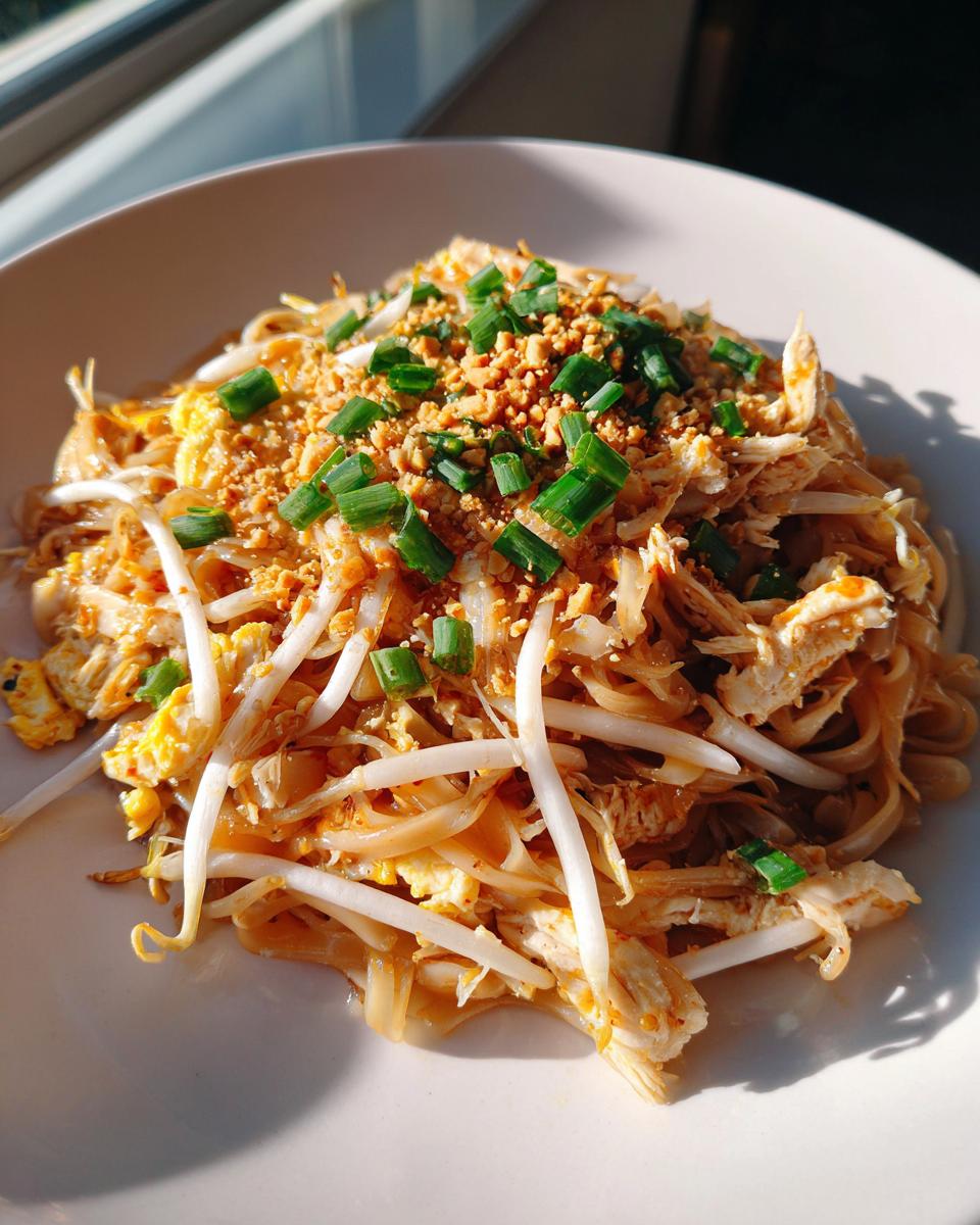 A plate of delicious Chicken Pad Thai, garnished with peanuts and green onions, ready to eat.