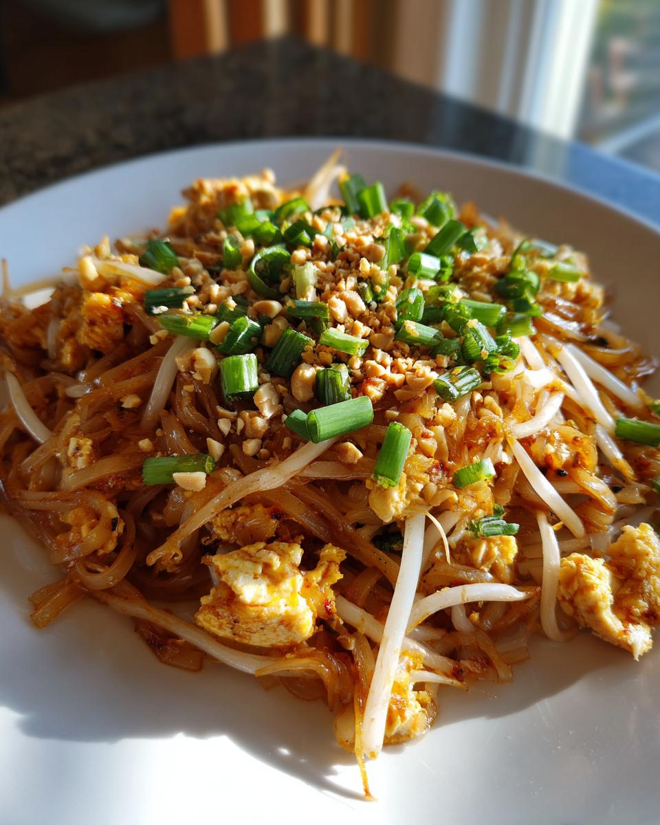A plate of Chicken Pad Thai topped with peanuts and green onions, showcasing the noodle dish.