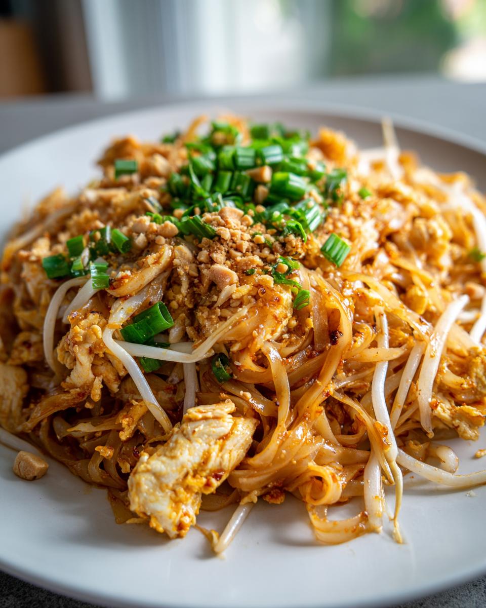 A plate of Chicken Pad Thai with noodles, chicken, bean sprouts, peanuts, and green onions.