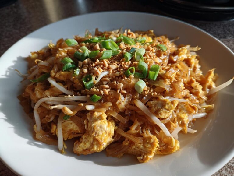 A serving of Chicken Pad Thai on a white plate, topped with peanuts and green onions.