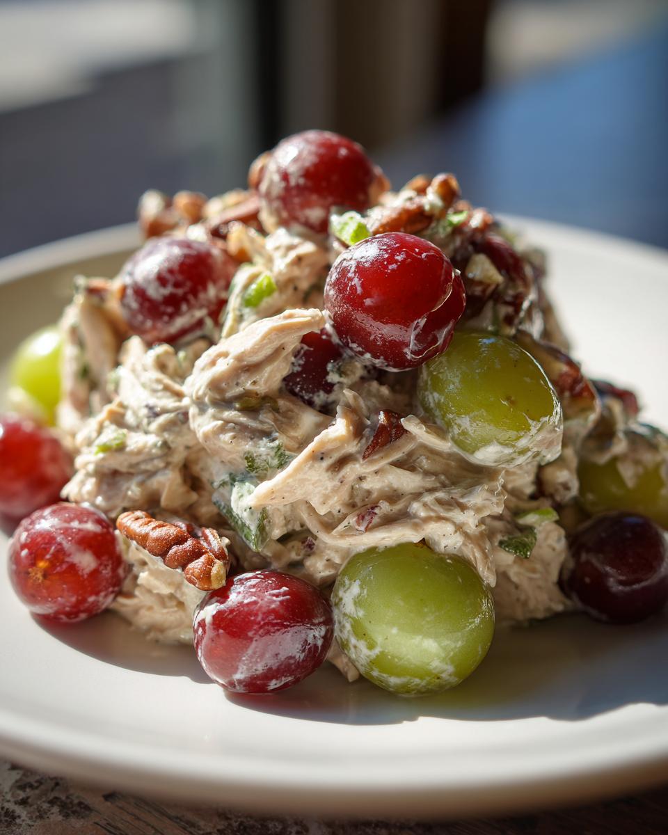 A close-up of creamy chicken salad with grapes, featuring red and green grapes and pecan pieces.