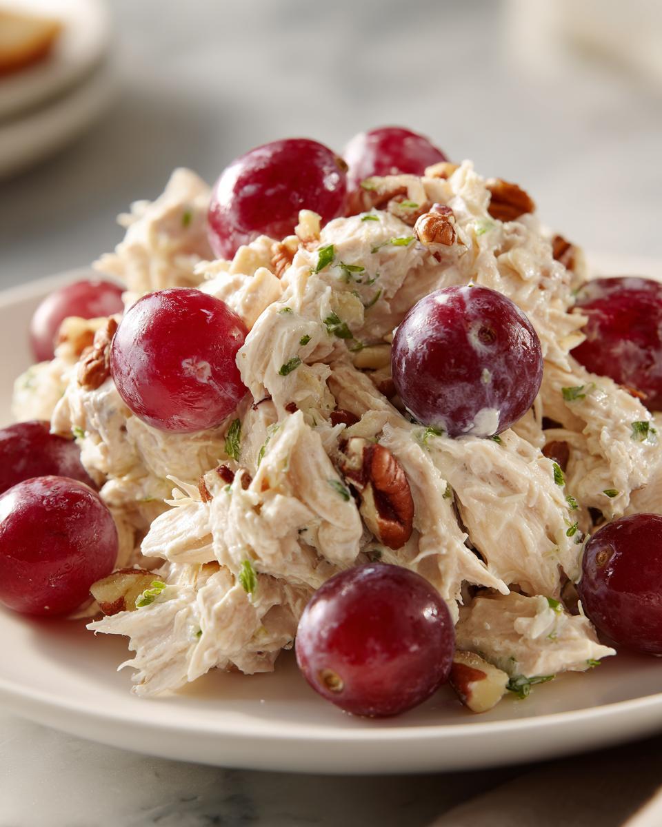 A serving of creamy Chicken salad with grapes and pecans on a white plate, ready to eat.