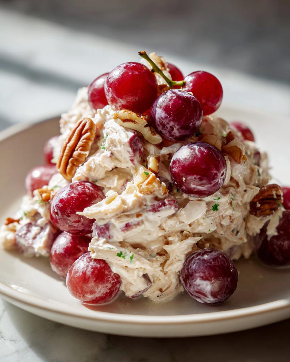 A serving of creamy chicken salad with grapes and pecans, attractively plated for a delicious meal.