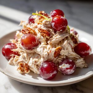 A serving of creamy chicken salad with grapes and pecans on a white plate, ready to eat.