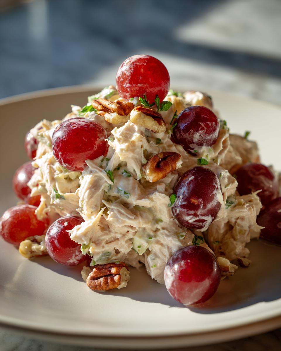 A serving of creamy chicken salad with grapes, garnished with pecans and herbs on a plate.