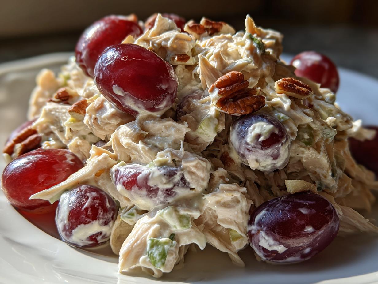 Delicious chicken salad with grapes, pecans, and creamy dressing on a white plate. Perfect chicken salad with grapes recipe.