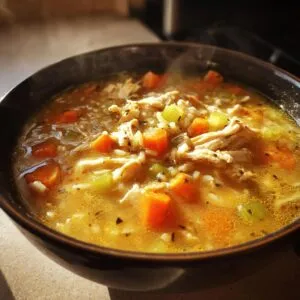 A steaming bowl of Chicken Wild Rice Soup with visible chicken, rice, carrots, and celery.
