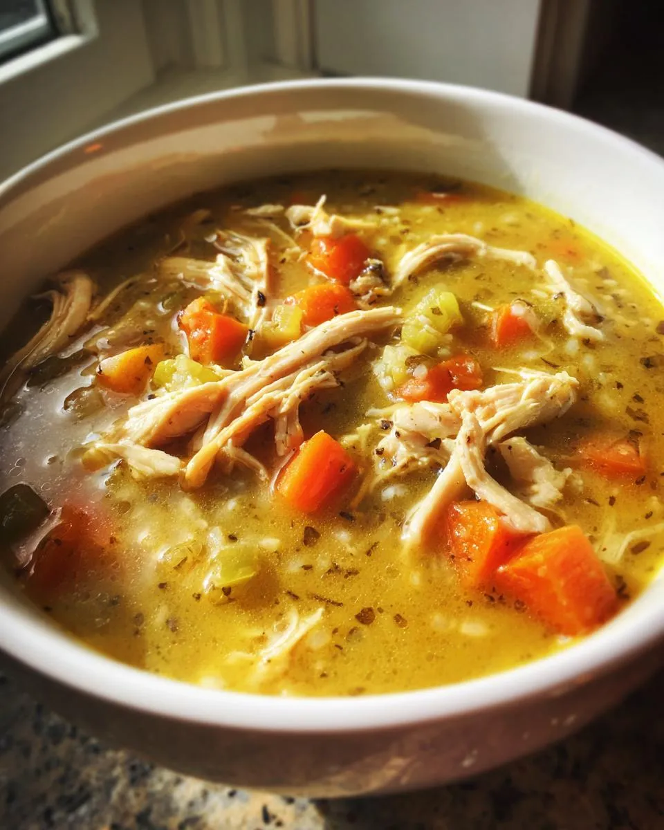 Close-up of a bowl of Chicken Wild Rice Soup, featuring chicken, carrots, celery, and wild rice in a creamy broth.