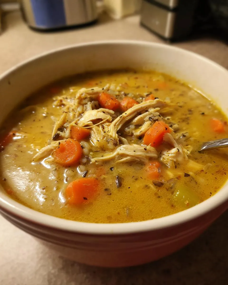 A bowl of creamy Chicken Wild Rice Soup, featuring chicken, wild rice, and sliced carrots.