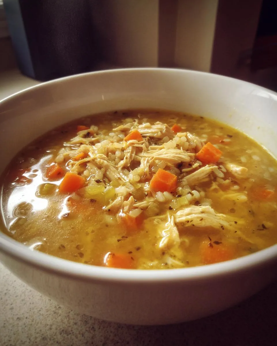Close-up of a bowl of Chicken Wild Rice Soup with chicken, carrots, and wild rice.