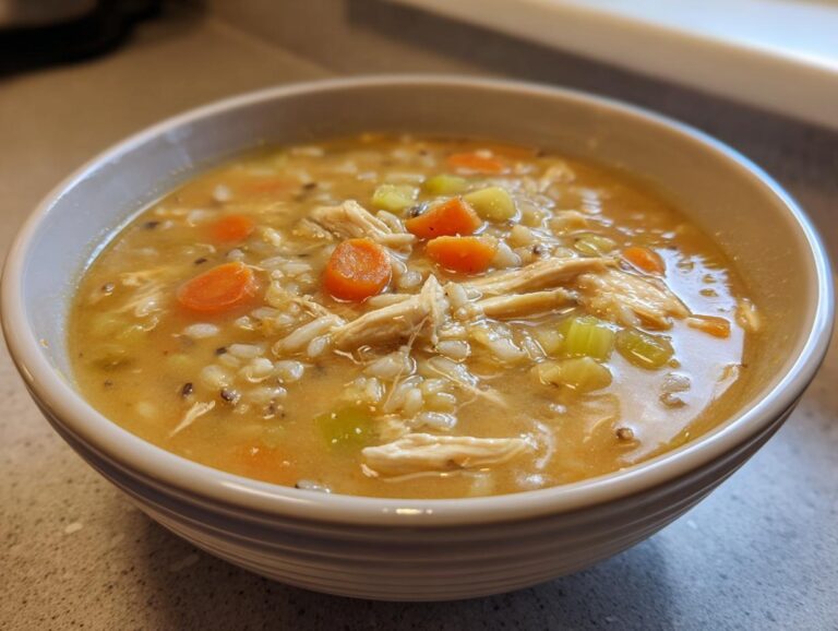 A bowl of creamy Chicken Wild Rice Soup with visible chicken, rice, carrots, and celery.